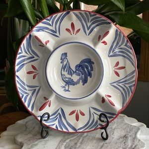 Vintage Country Rooster Divided Dish - Large Artistic Ceramic Vegetable Platter